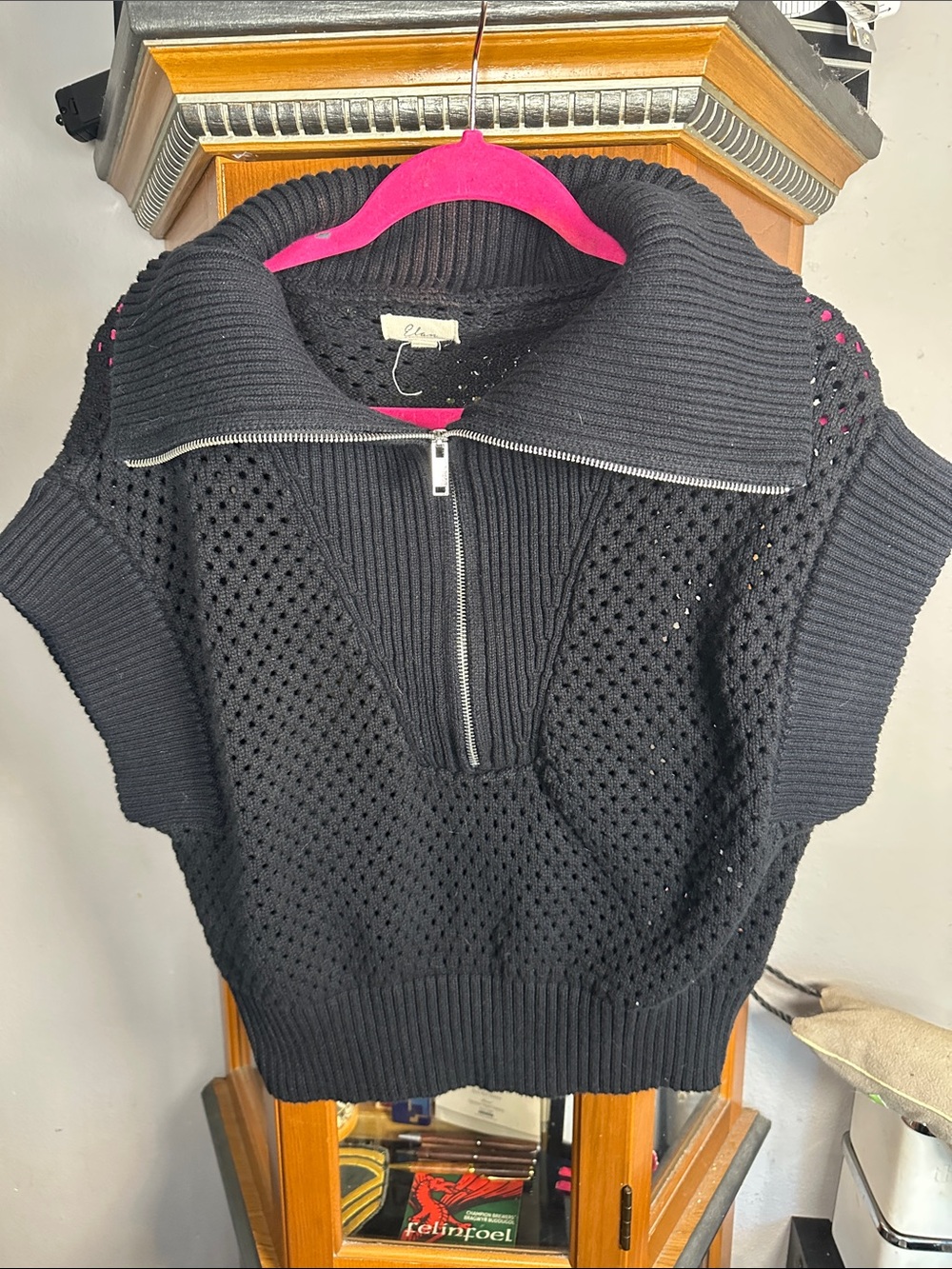Elan Black Open-Knit Zip-Collar Short Sleeve Sweater